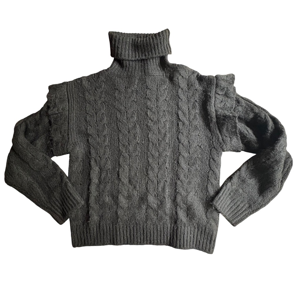 NWT Joes Jeans Collection XS Black Cable Knit Ruffle Shoulder Turtleneck Sweater